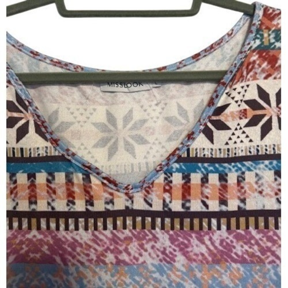 Misslook Womens Multi Color Fair Isle Snowflake Print Scoop V-Neck Top Size L - Picture 4 of 4